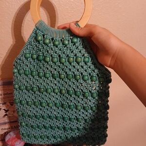 Francesca's Collections Teal Beaded Tote with Wooden Handles